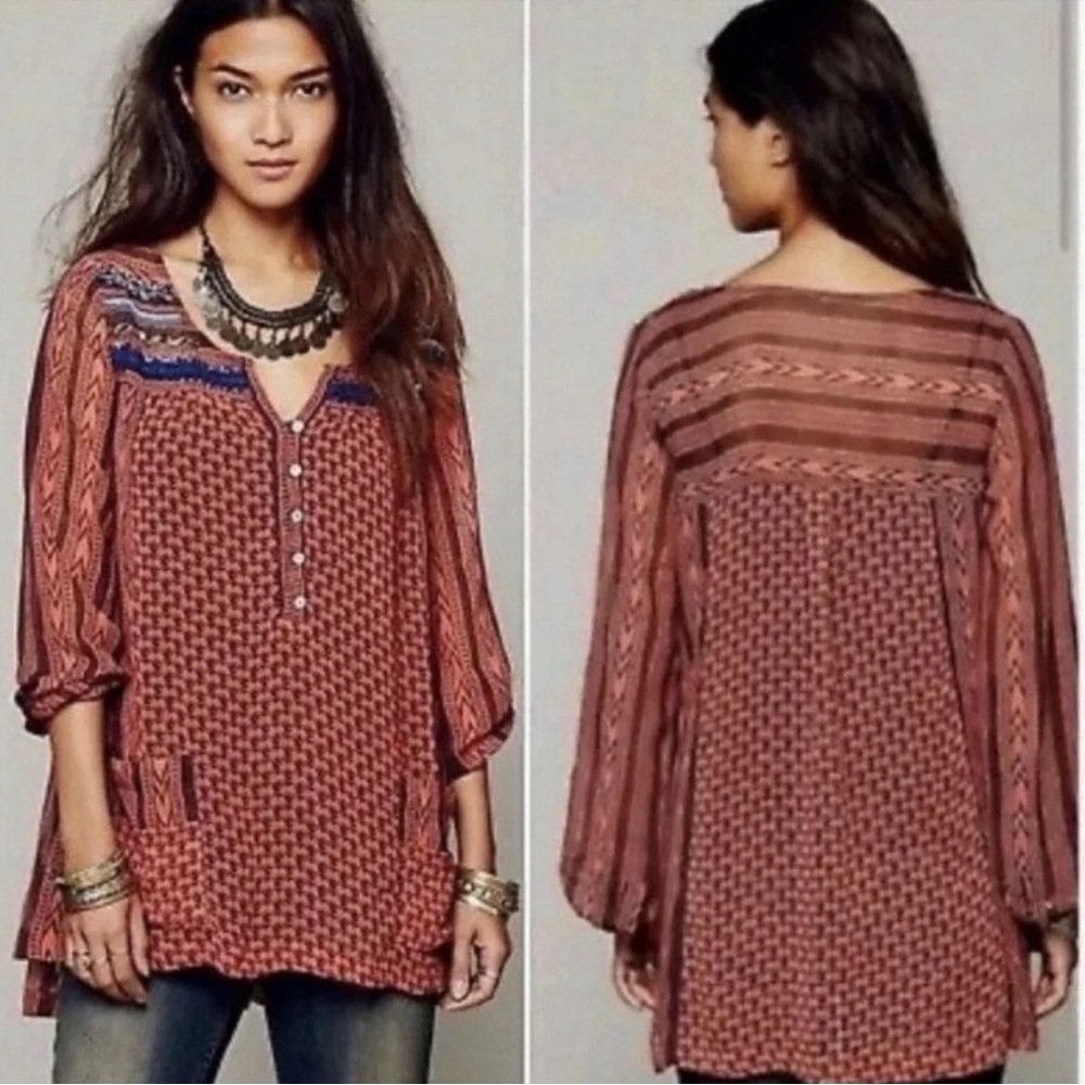 Free People Feather in the Wind Beaded Sheer Chiffon Orange Women's Tunic Size S